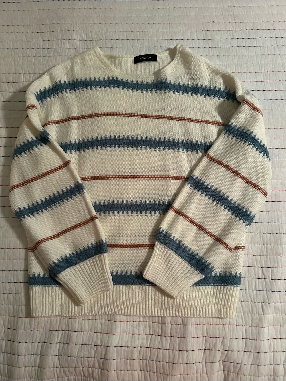 Cream Striped Knit Sweater - Blue & Brown Accent